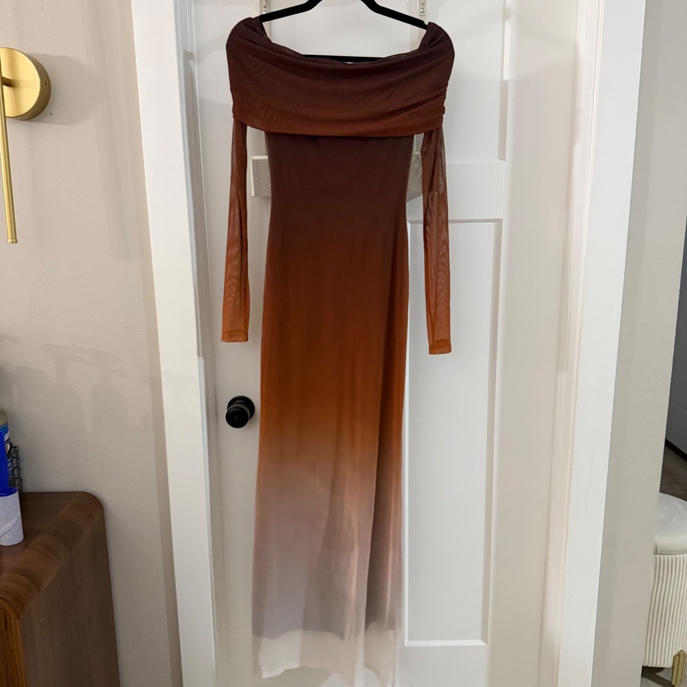 Bardot Saphia‎ Mesh Maxi Dress Brown Ombre Off Shoulder Long Sleeve XS US 2 Boho